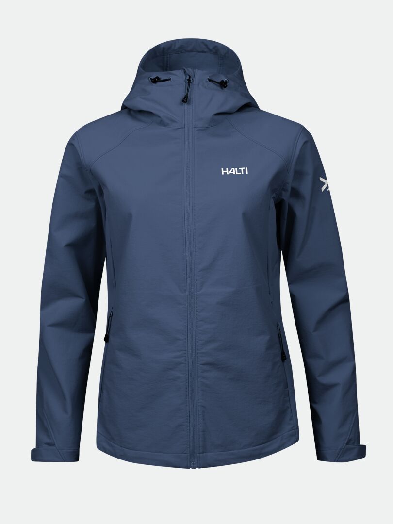 Finholma X-stretch Takki Naisten Plus by Halti on sininen ja siinä on vetoketjulliset taskut, logo ja nuoli hihassa.
