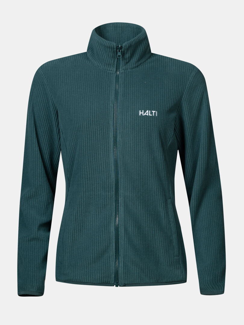 Tummanvihreä vetoketjullinen fleece, jossa on pystykaulus; sopii erinomaisesti kerroksiksi Halti Loito 3-in-1 DX Takki Naisten -takin alle.