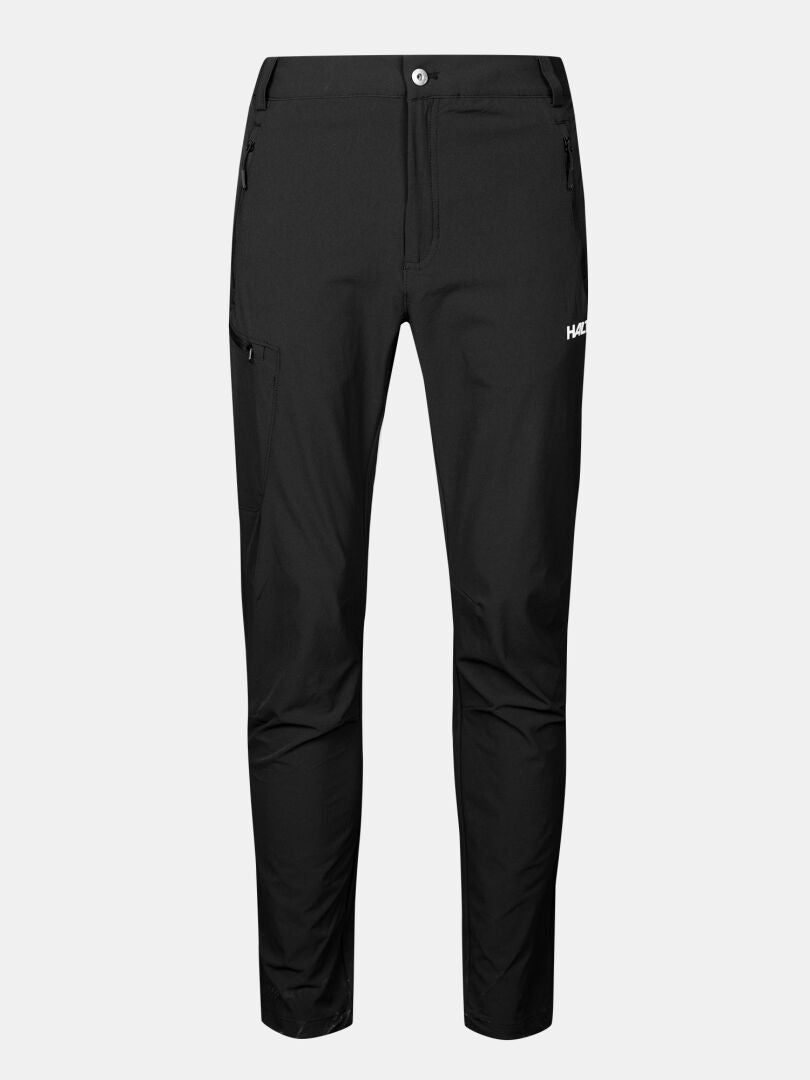 Halti Pallas X-stretch Ulkoiluhousut Miesten: mustat slim-fit-housut vetoketjulla, etutaskut ja valkoinen logo reidessä.