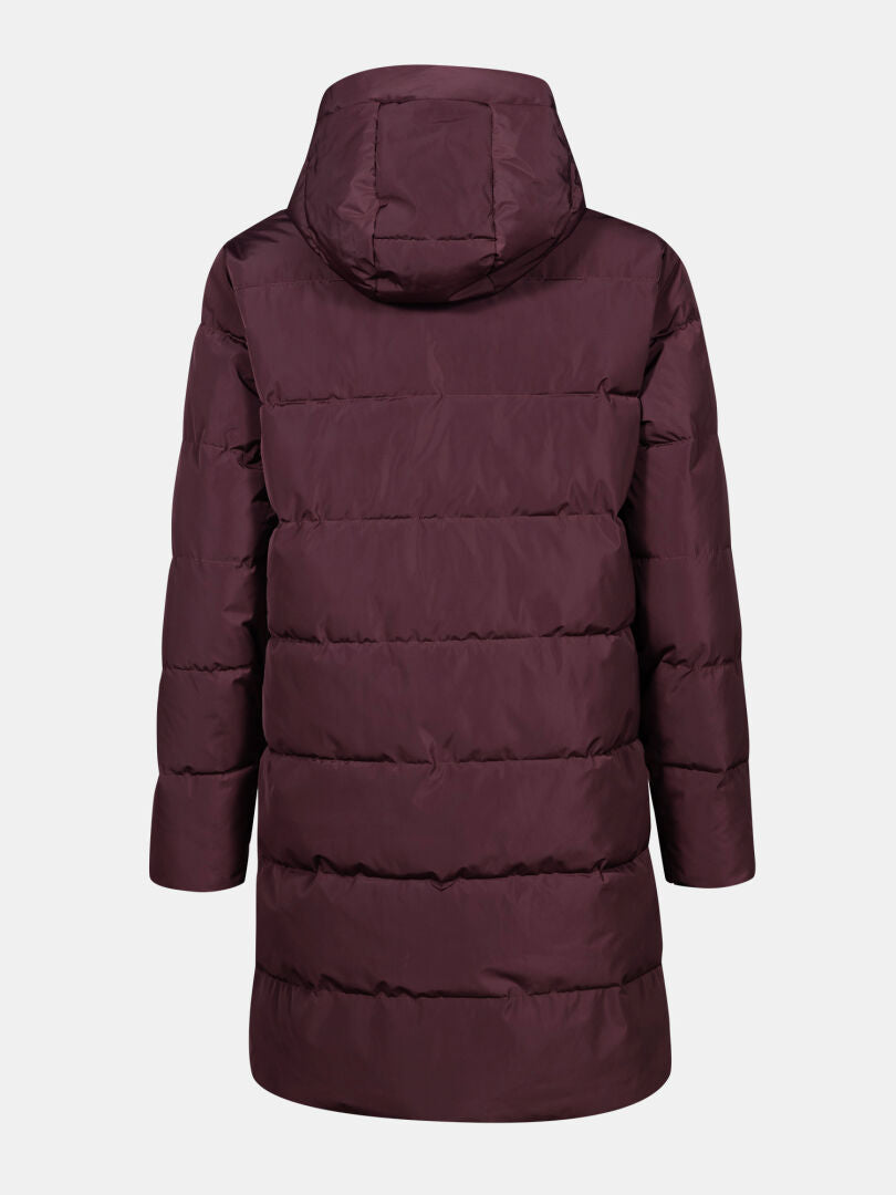 Pitkä ruskeankeltainen Linjat Parkatakki Naisten puffer-parka Halti, hupullinen ja kuvattu selästä valkoisella pohjalla.