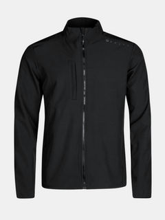 Halti Fore Miesten Softshell Takki: musta, korkeakauluksinen, rintataskulla ja tuulta/vettä hylkivä viimeistely.