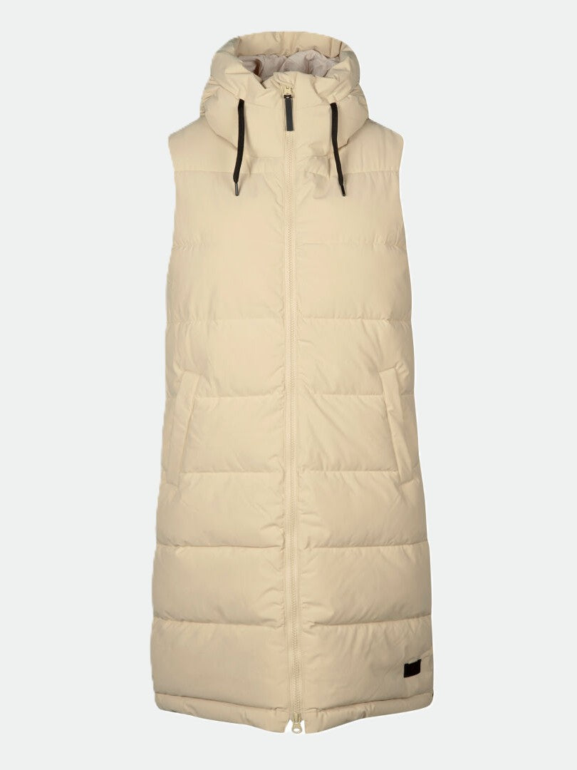 Halti Penger Toppaliivi Naisten: hihaton beige liivi, jossa huppu, vetoketju, DrymaxX Lite, taskut, mustat kiristysnauhat.