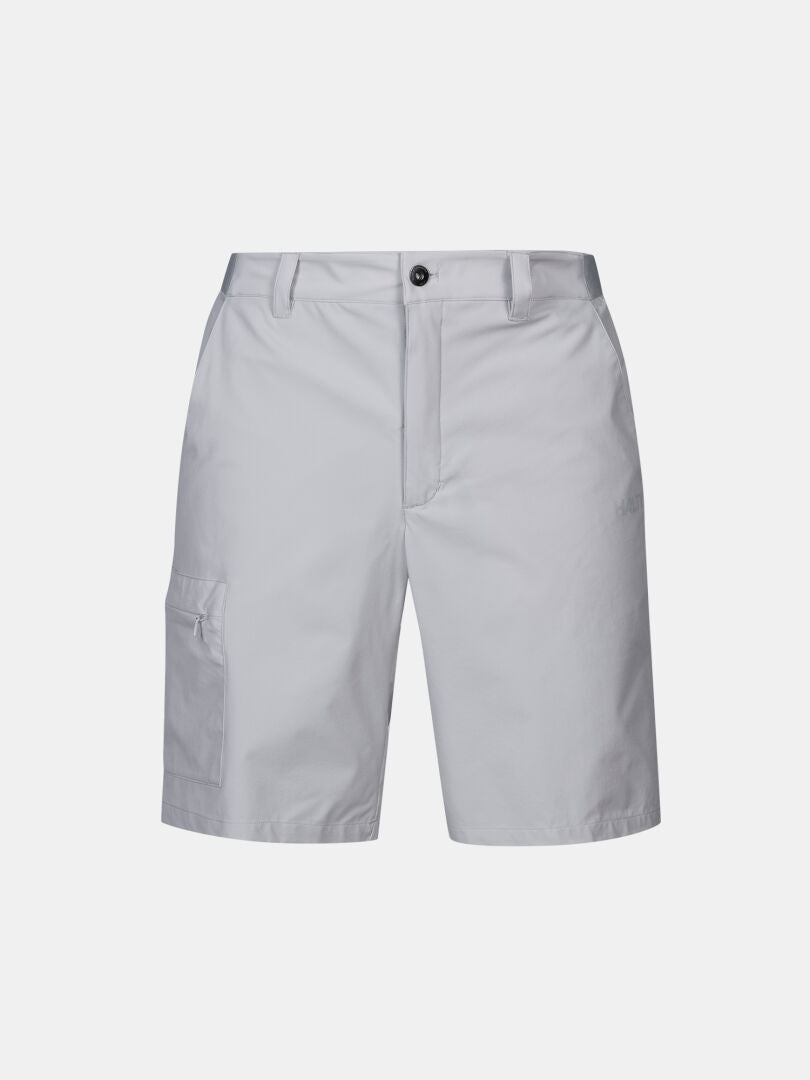 Halti Drive X-stretch Shortsit Miesten vaaleanharmaa, jossa on nappikiinnitys, vyölenkit ja vetoketjullinen vasen reisitasku.