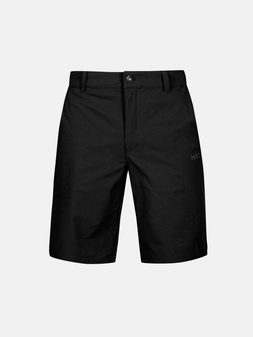 Halti Drive X-stretch Shortsit Miesten, musta, polvipituinen, vyölenkillä ja nappikiinnityksellä, kuvassa valkoisella pohjalla.