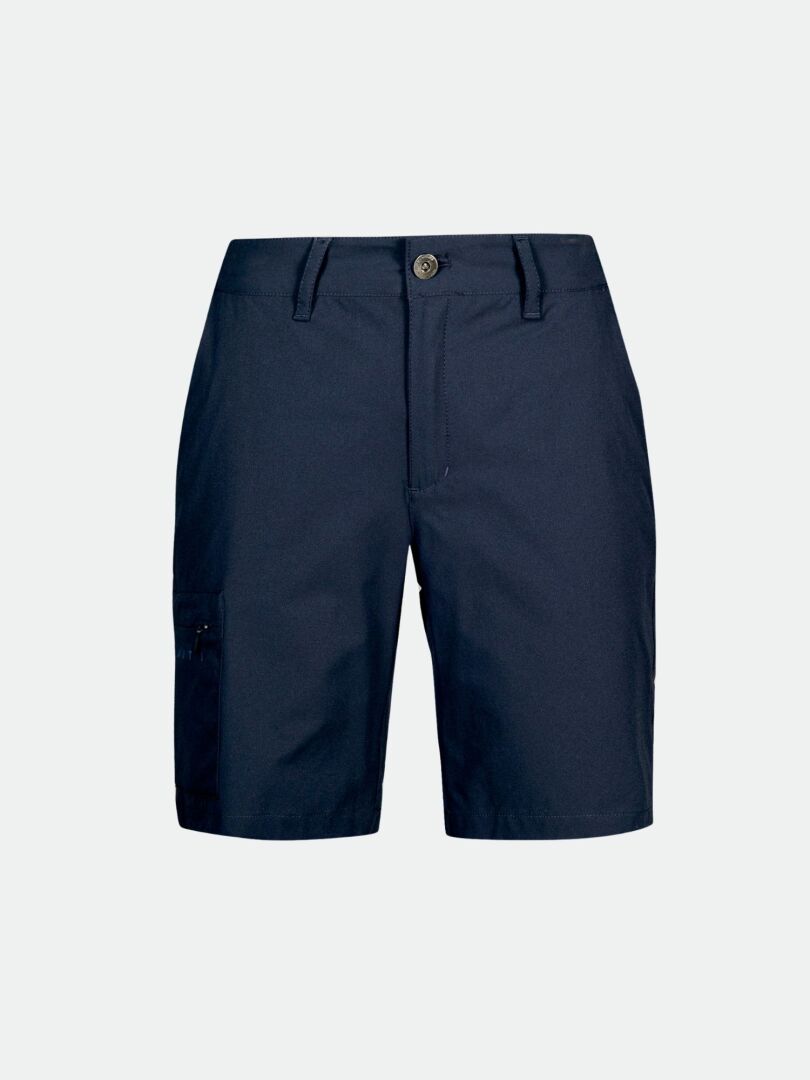Halti Drive X-stretch Shortsit Naisten Plus -merkkinen navy-merkkinen shortsi, jossa on nappikiinnitys, etu- ja sivutaskut, yksivärisellä pohjalla.