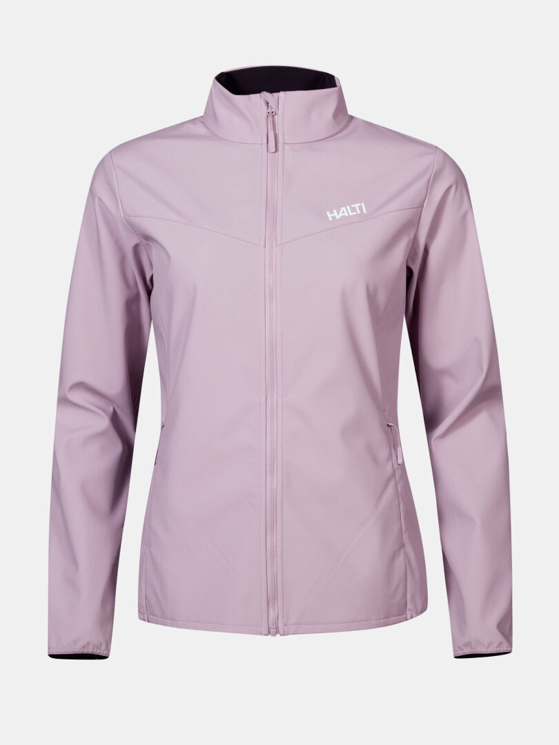 Halti Wedge Softshell-takki Naisten: vaaleanvioletti, pitkät hihat, korkea kaulus, HALTI-logo vasemmalla rinnassa.