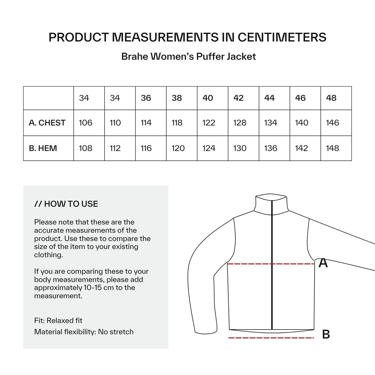 Halti Brahe Puffer Talvitakki Naisten kokotaulukko: rintakehä ja helma cm, takin kaavio-suuri lämmin takki kaupunkikäyttöön.