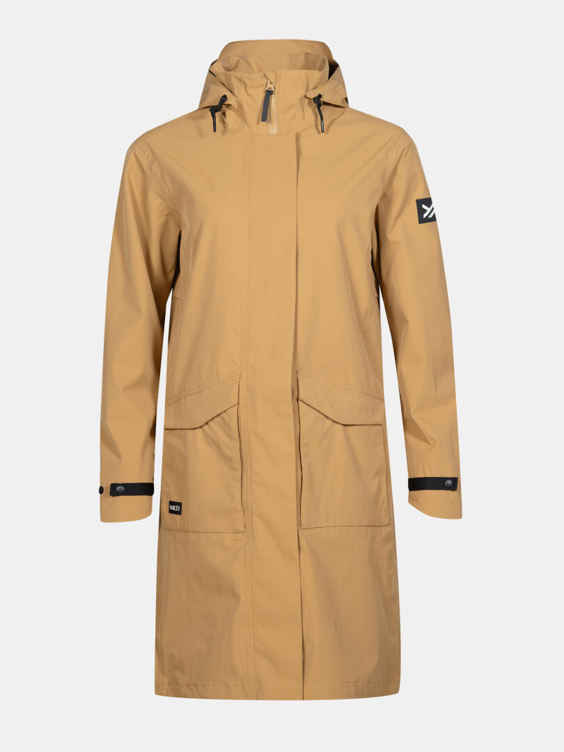 Halti Tokoi II DX Parkatakki Naisten: tan, vedenpitävä, etutaskut, vetoketju, mustat säädettävät hihnat hupussa.