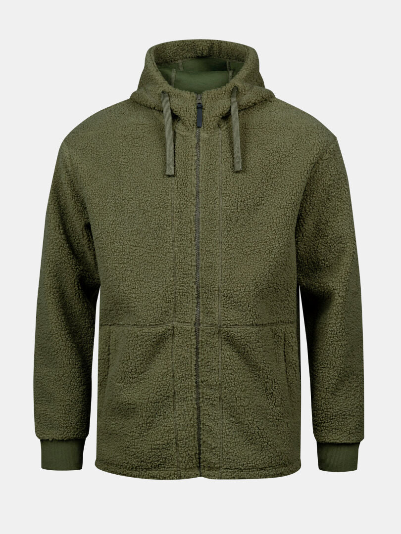 Halti Lykky Fleecetakki Miesten: oliivinvihreä fleece-huppari, kierrätetty polyesteri, vetoketju ja etutaskut.
