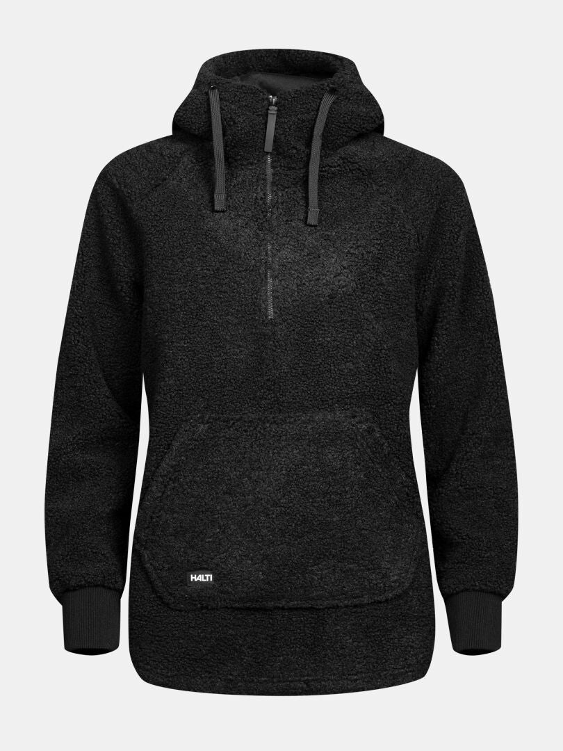 Halti Lykky -fleecepusero naisille: lämmin teddyfleece, puolivetoketju, etutasku, joustavat reunat ja pieni logo.