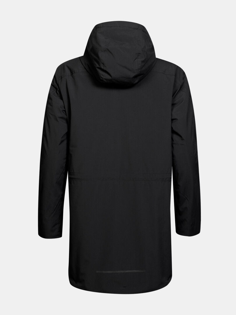 Halti Kortteli DX Parka Naisten -takista, musta, hupullinen, takanäkymä, kuvattu vaaleanharmaalla taustalla.