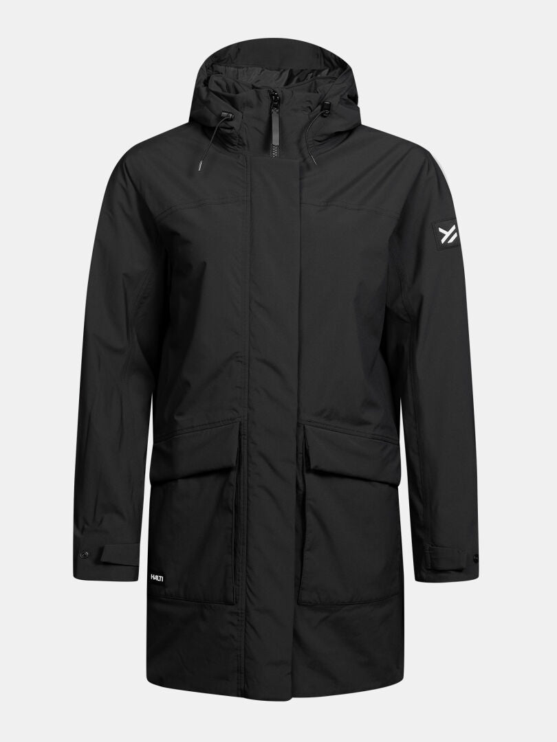 Halti Kortteli DX -parka naisille: musta, hupullinen, edessä vetoketju, 2 isoa taskua, valkoinen logo vasemmassa hihassa.