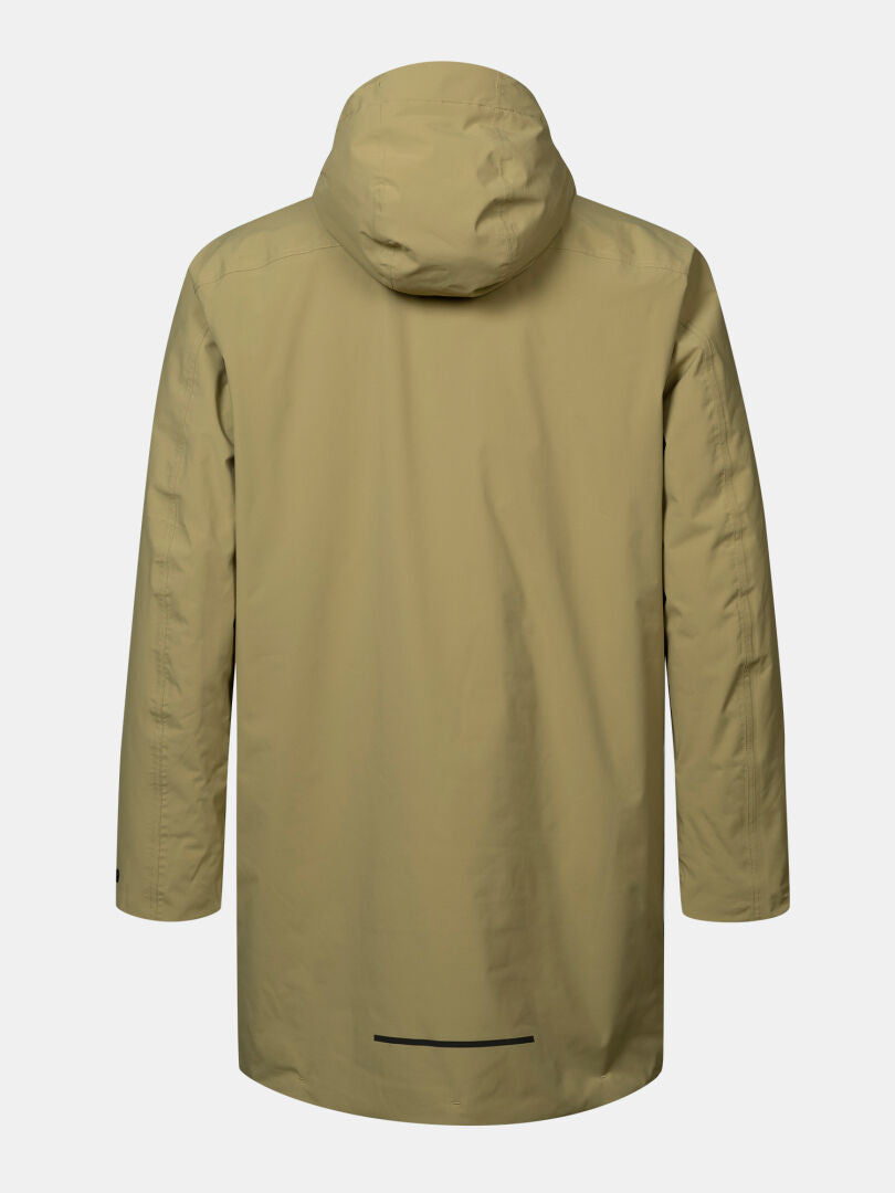 Halti-merkkinen Kortteli DX Parka Miesten -takki, väri beige, kuvassa takapuolelta valkoisella taustalla; tyylikäs ja kevyt ulkoilutakki.