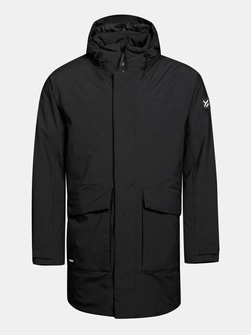Halti Kortteli DX -parka miehille: musta, Microtherm-eristys, vetoketju edessä, 2 läpällistä taskua, valkoinen logo vasemmassa hihassa.