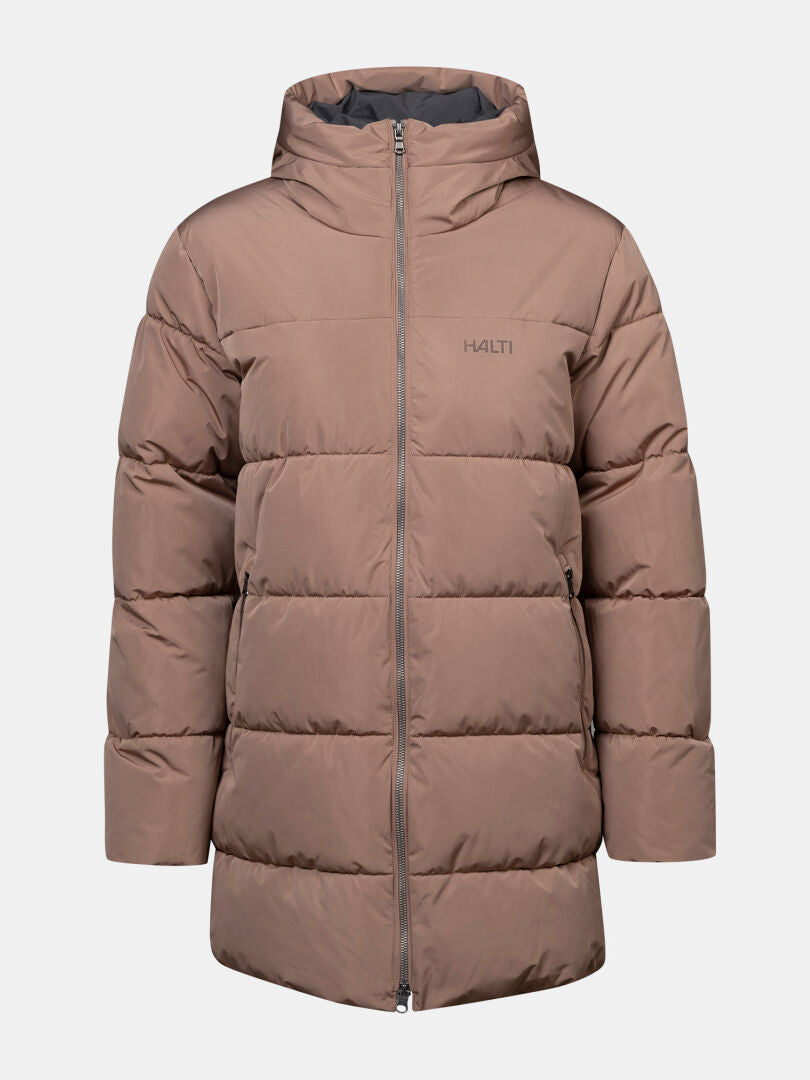 Halti: Leinikko Puffer Parka Naisten – vaaleanruskea DrymaxX®-hupputakki, jossa on vetoketju edessä ja logo vasemmalla rinnassa.