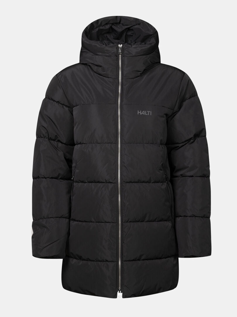 Halti Leinikko Puffer Parka Naisten, musta hupputakki, jossa on edessä vetoketju ja logo, kuvassa valkoisella taustalla.