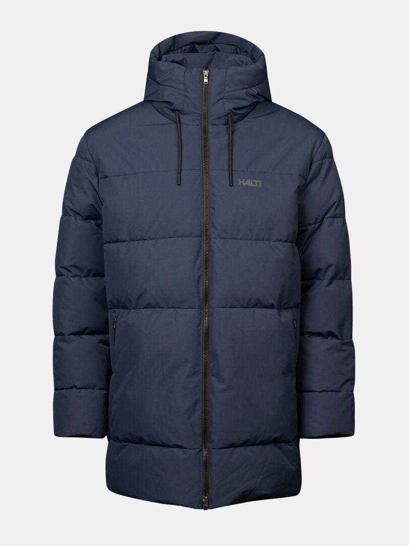 Halti Kaimoa Kevytvanutakki miesten parka, tummansininen, huppu, vetoketju edessä, sivutaskut, valkoisella taustalla.