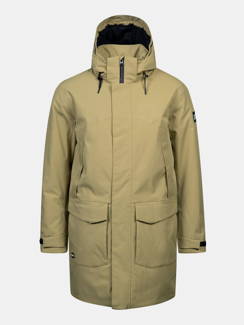 Halti Kallio DX -parka miehille: vaaleanruskea DrymaxX-kangas, huppu, vetoketju ja nepparit, tilavat taskut.