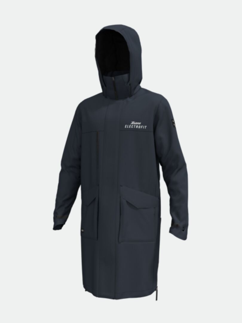 Pitkä, tumma Halti Tokoi II DX Parkatakki Miesten - Electrofit, jossa on suuret taskut, huppu ja rintalappu.