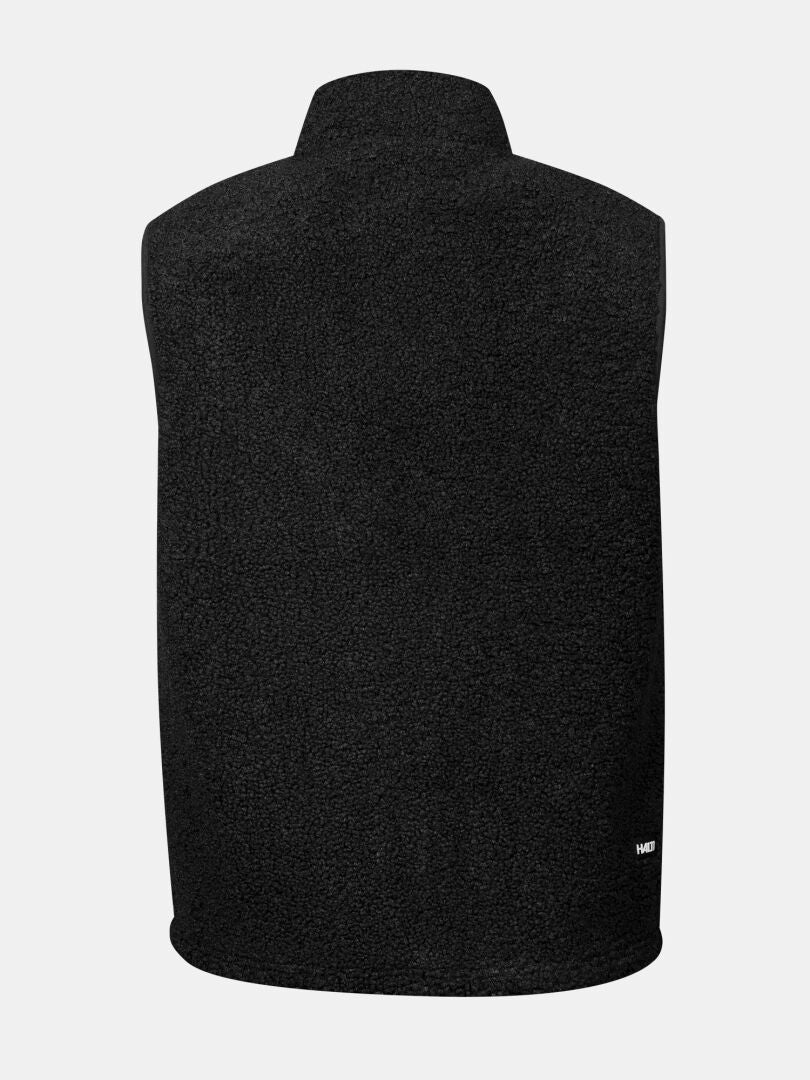 Halti Lykky Fleece Liivi -unisex-liivin takaosa, jossa on korkea kaulus, kierrätettyä polyesteriä, vaaleanharmaalla taustalla.