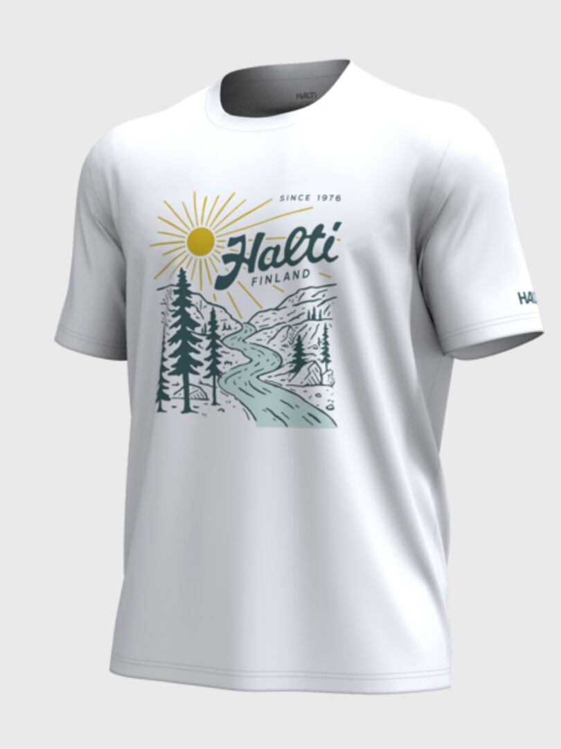 Vehka-unisex-T-paita, luontoaiheinen Halti-teksti, valmistettu luomupuuvillasta.