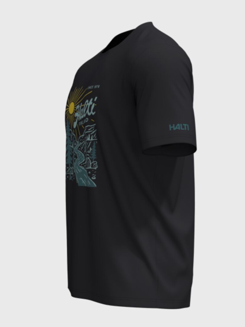 Haltin Vehka-unisex-t-paita, musta, jossa on logoteksti ja ”Halti”-kirjoitus vasemmassa hihassa.