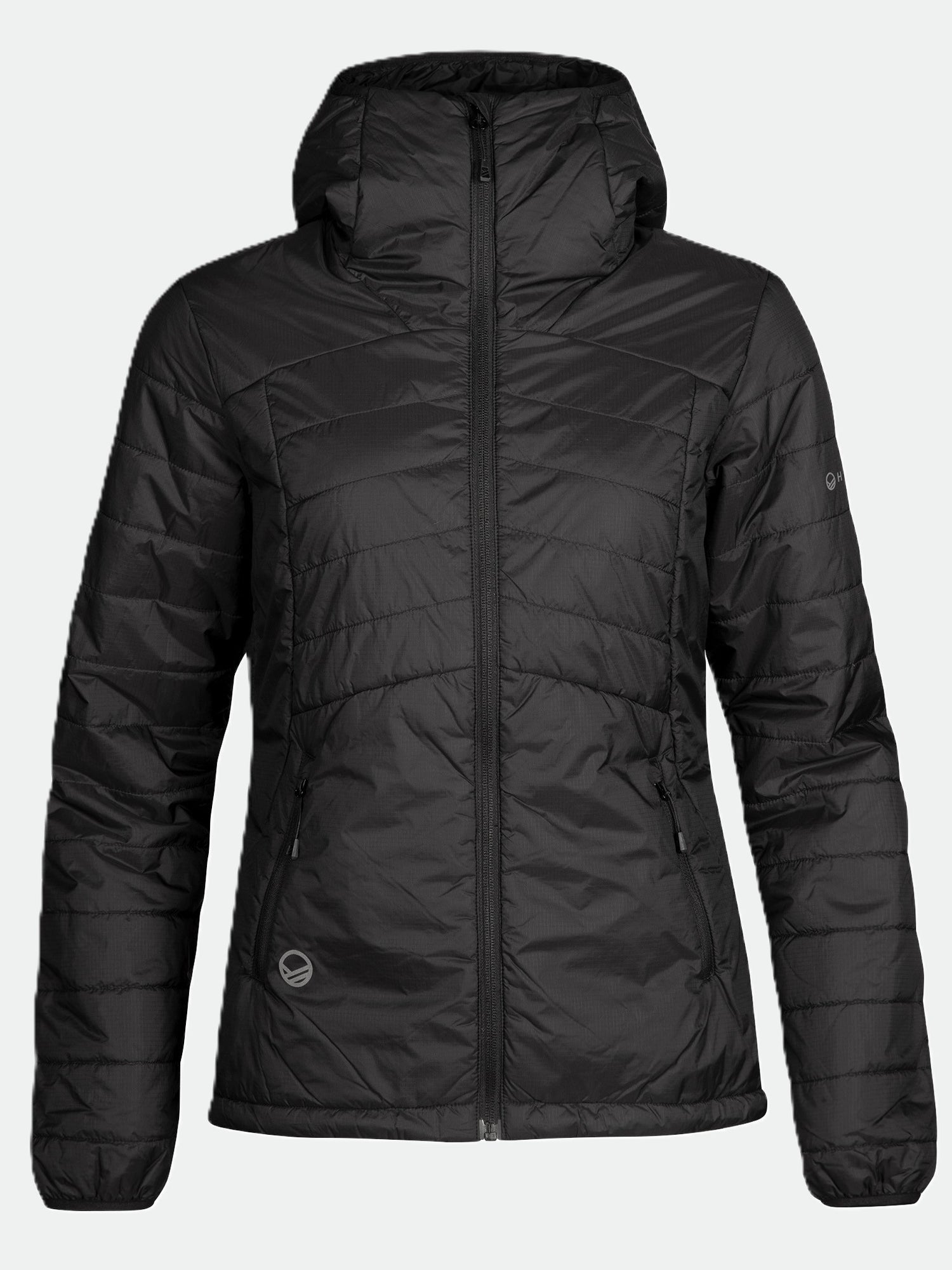 Halti Heatix Vanutakki Naisten: musta, hupullinen kevyt takki, jossa Primaloft Silver vanu, vetoketjullinen etuosa ja kaksi vetoketjullista taskua.