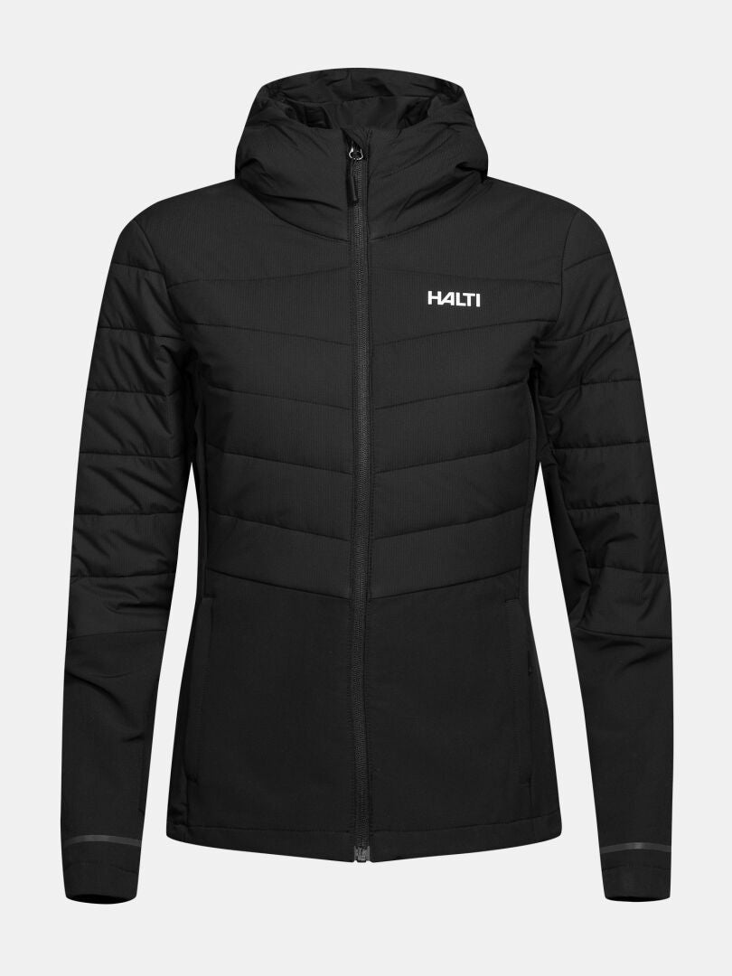 Halti Valimo Hybrid -kevyt untuvatakki naisille: musta hupputakki, vinot tikaukset, valkoinen rintalogo.