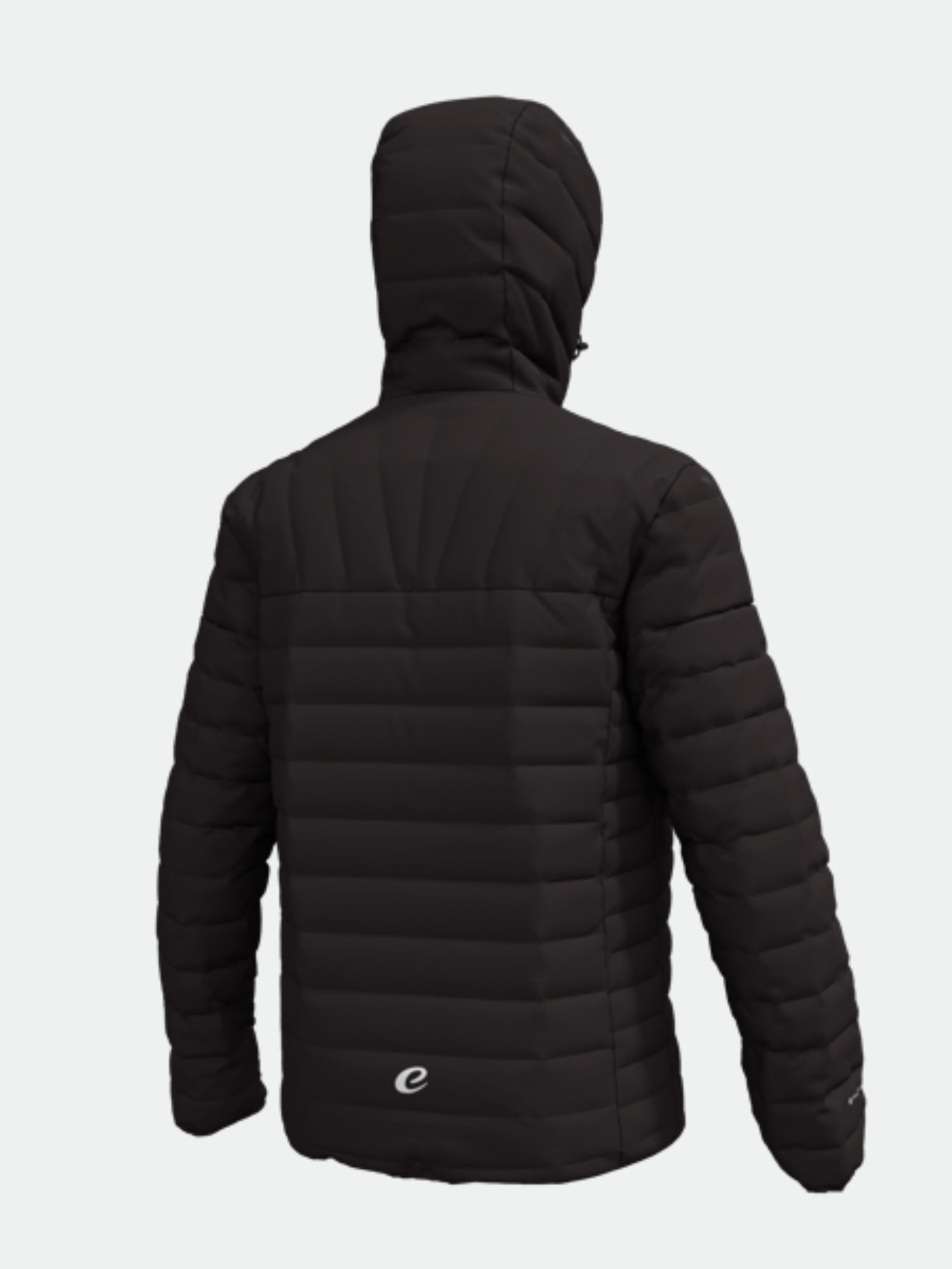 Halti Huippu Untuvatakki Miesten - Electrofit, musta, hupullinen, selkänäkymä vaalealla pohjalla.