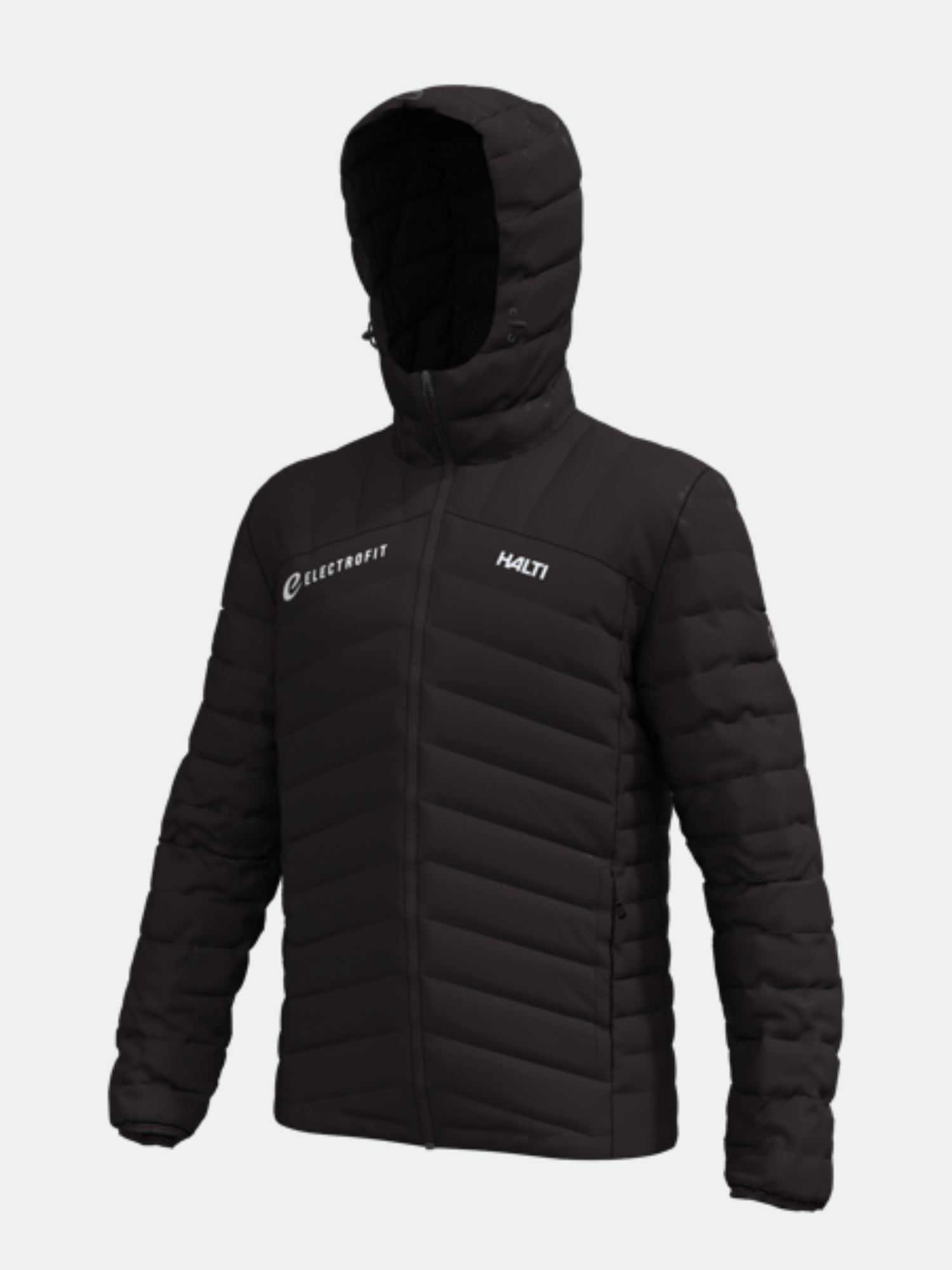 Halti Huippu Untuvatakki Miesten - Electrofit mustalla hupulla, etuvetoketjulla ja rintalogoilla yksivärisellä pohjalla.