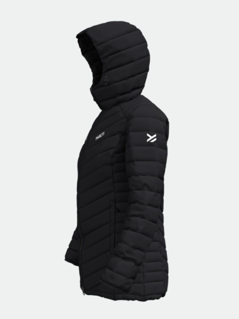 Halti Huippu Mid Untuvatakki Naisten - Electrofit, musta Pertex Quantum Ripstop hupullinen takki, sivukuva yksivärisellä pohjalla.