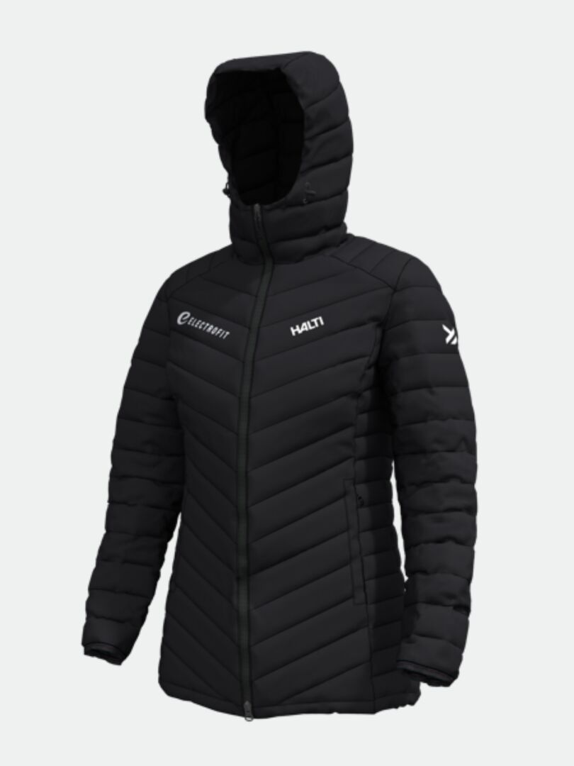 Halti Huippu Mid Untuvatakki Naisten - Electrofit on musta hupullinen takki, jossa on Pertex Quantum Ripstop ja valkoiset logot.