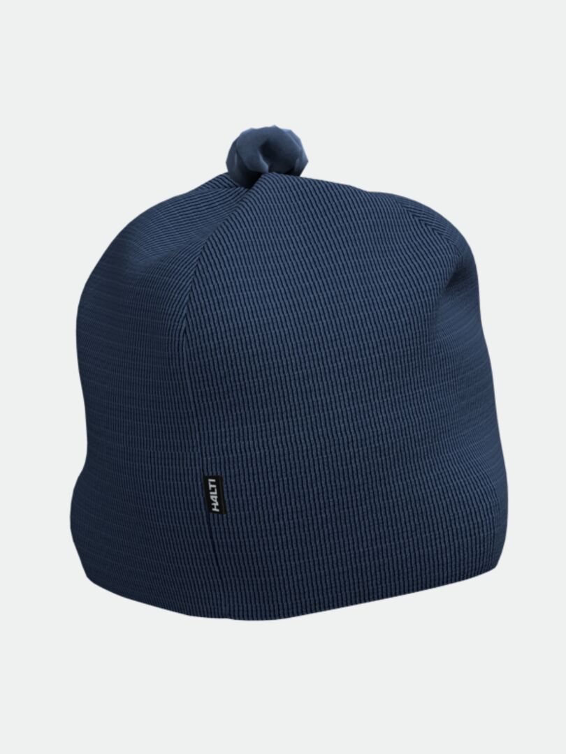 Halti Pilke Pipo - Electrofit on sininen kylkineulottu pipo, jossa on yläsolmu ja musta sivulappu.