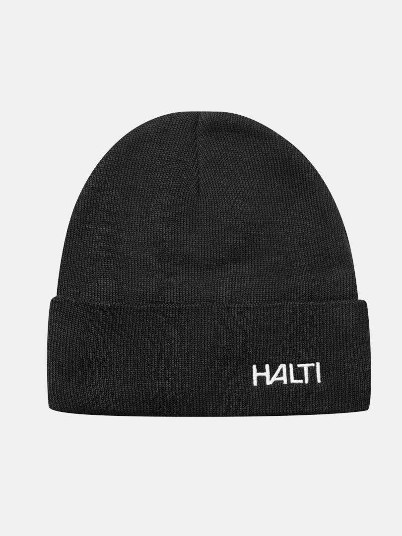 Musta Halti Justie Pipo -neulepipo, jossa on taitettu reuna ja valkoinen HALTI-kirjailu edessä.