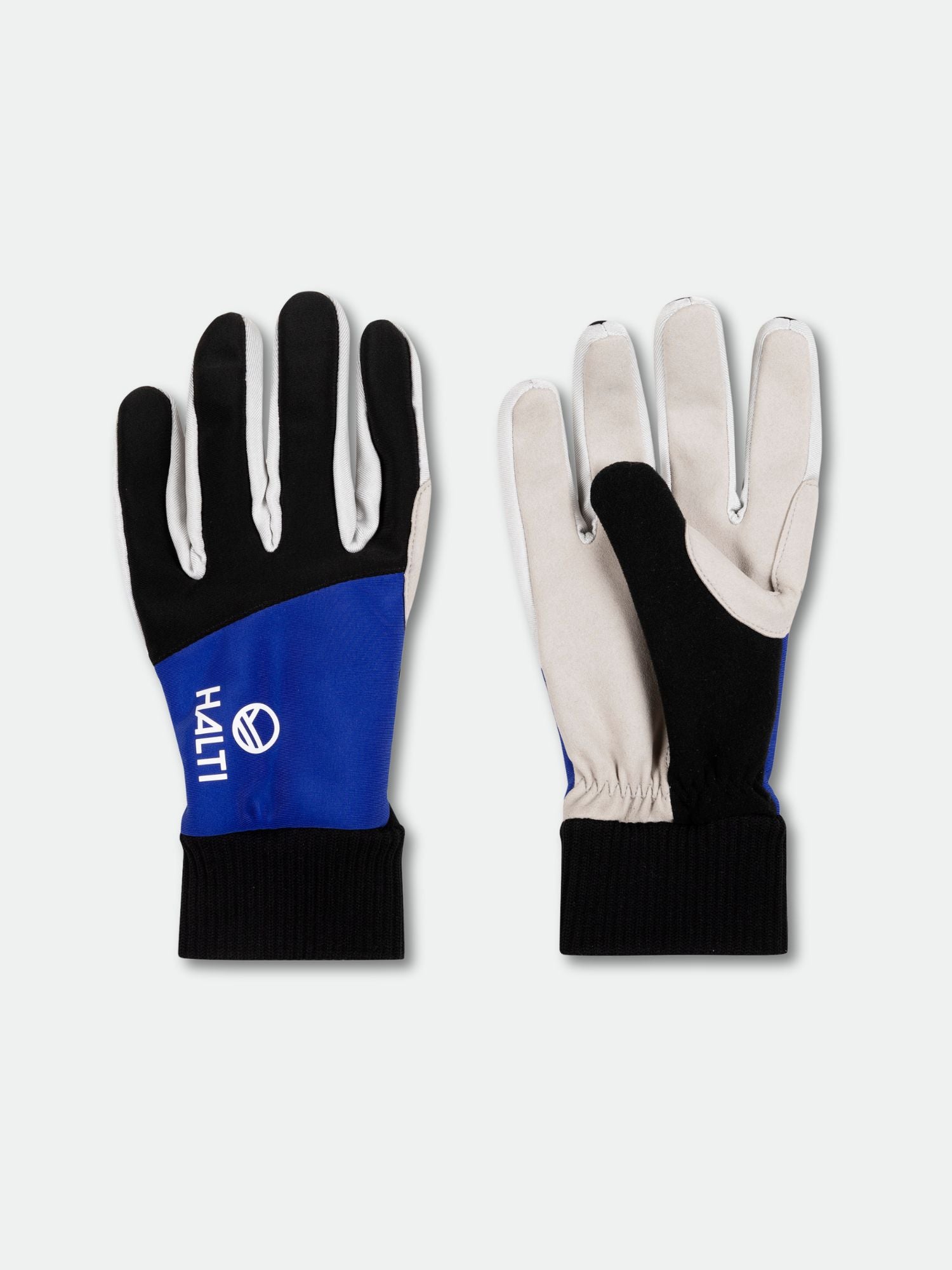 Halti XC Touring maastohiihtohanskat: mustat kämmenet, siniset selkämykset, valkoiset sormet, HAITI-teksti ja pyöreä logo.