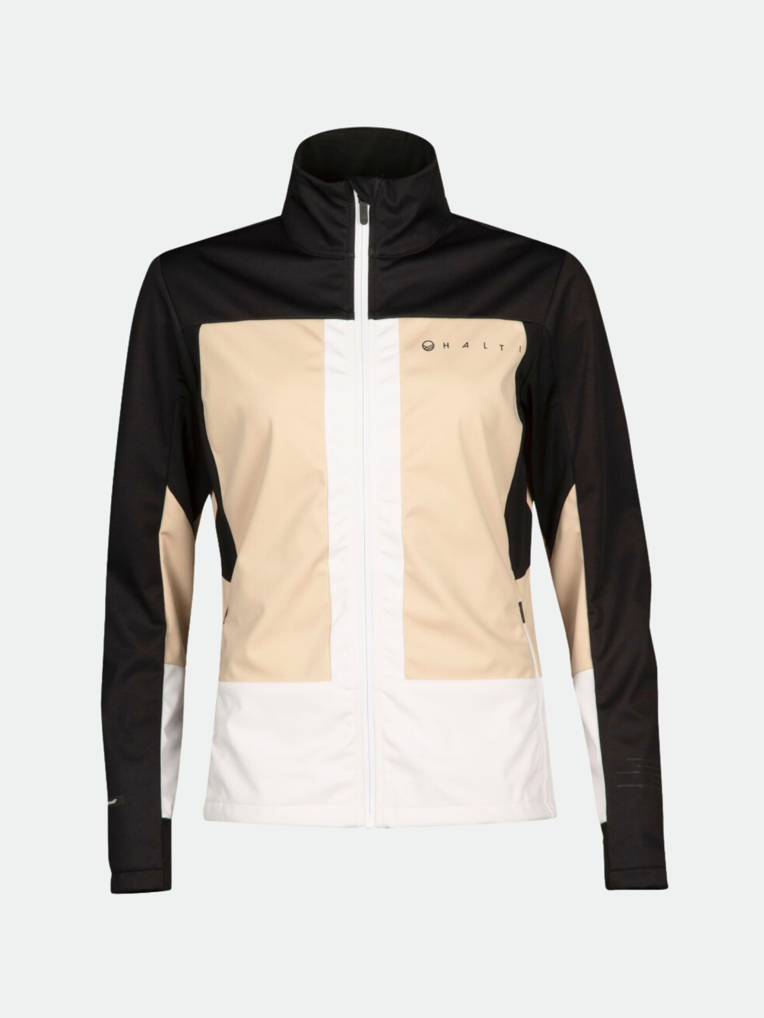 Halti Vinha Hiihtotakki Naisten: vetoketjullinen hiihtotakki, jossa on Stormwall, mustat hihat, beige etuosa ja valkoiset korostukset.