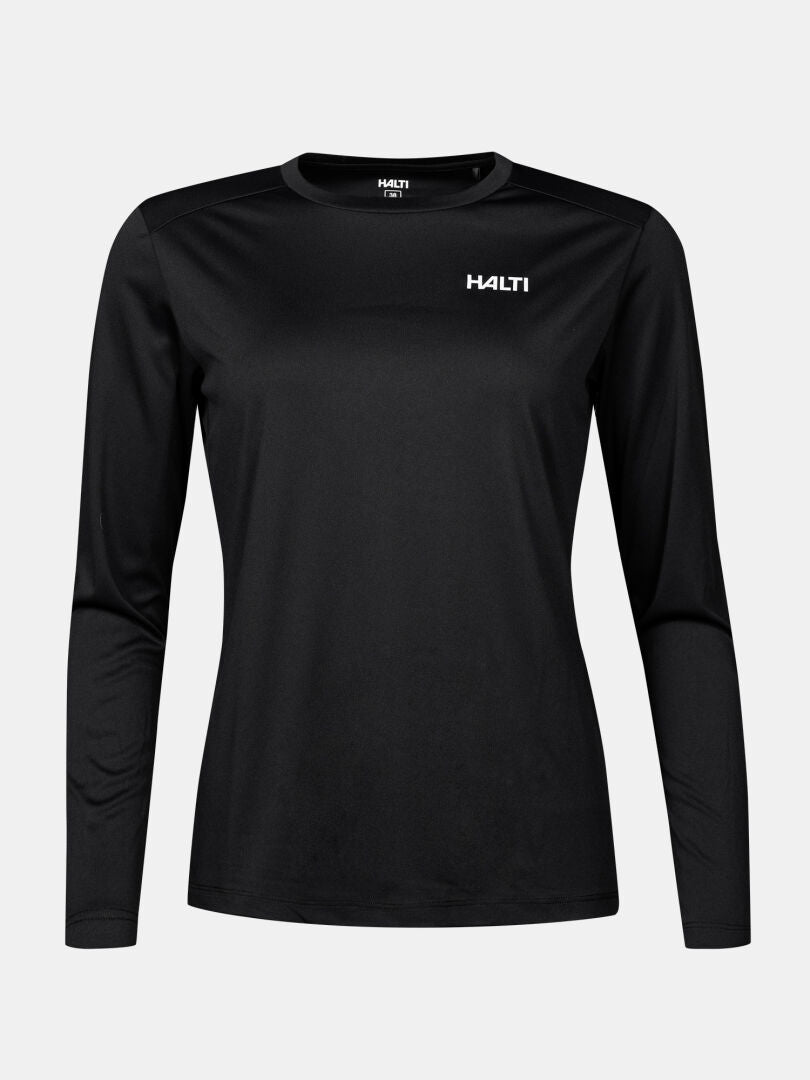 Halti Salves Treenipaita Naisten: musta pitkähihainen tekninen toppi, jossa on kaula-aukko ja logo, kuvassa yksivärisellä pohjalla.