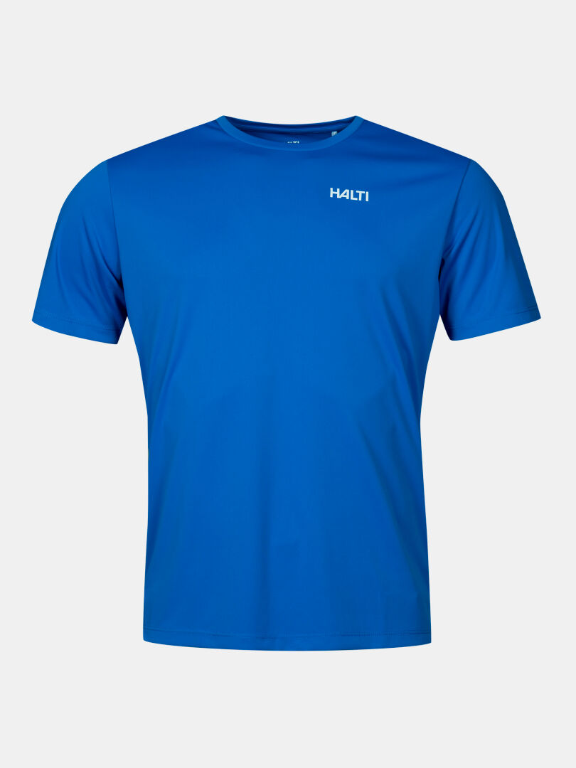 Salves T-paita Miesten by Halti on kierrätetystä polyesteristä valmistettu tavallinen sininen t-paita, jossa on pieni valkoinen logo.