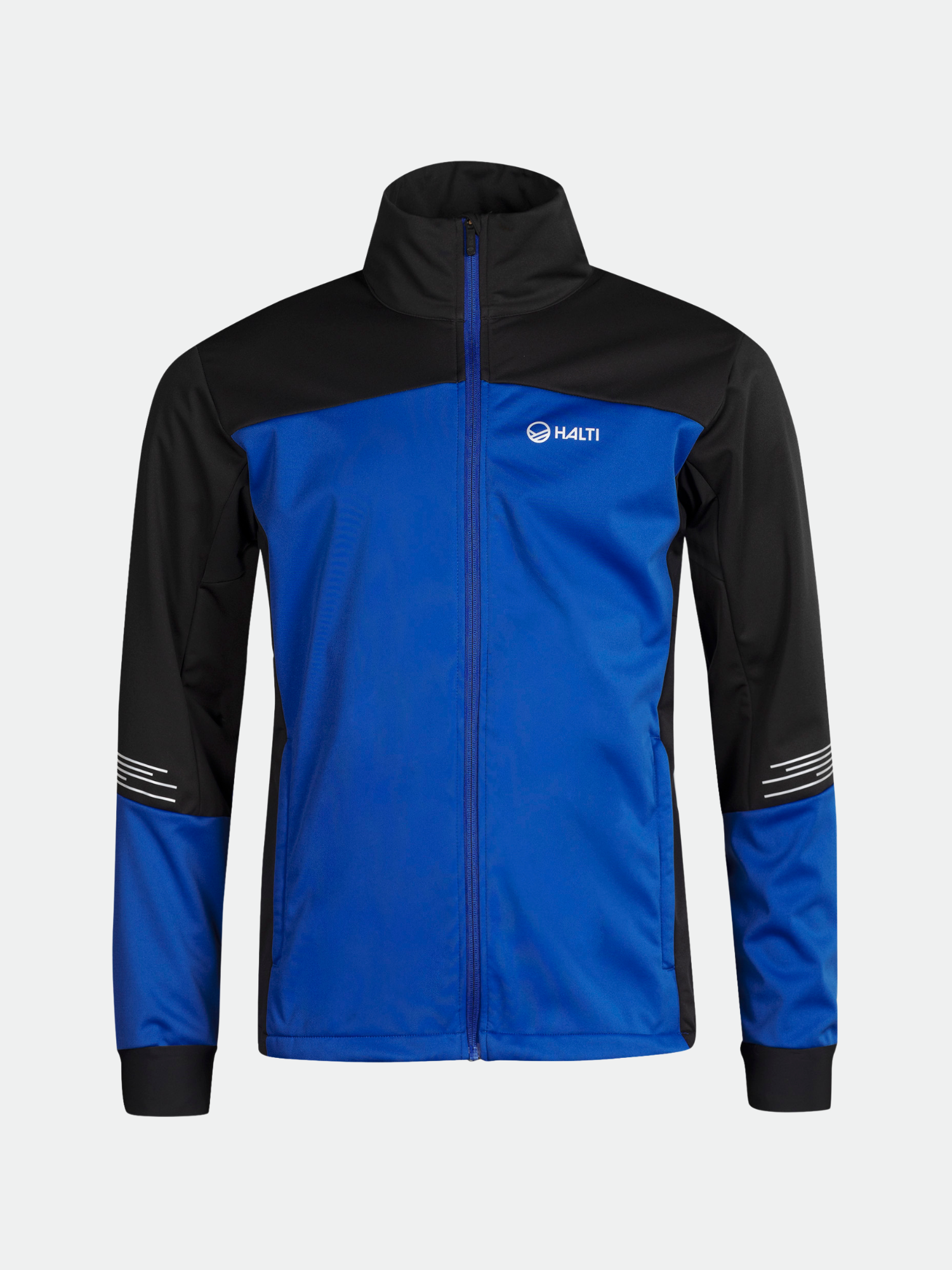 Halti Siide Hiihtopuku Miesten: sininen/musta vetoketjullinen takki, jossa on Stormwall stretch, pitkät hihat, korkea kaulus ja logo rinnassa.