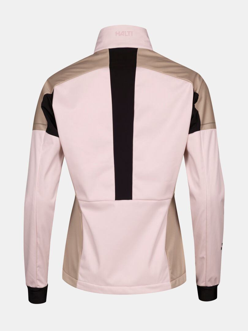 Halti Huuru Maastohiihtopuku Naisten: vaaleanpunainen & beige takki, musta raita, pitkät hihat, pystykaulus, selkäpuolelta.
