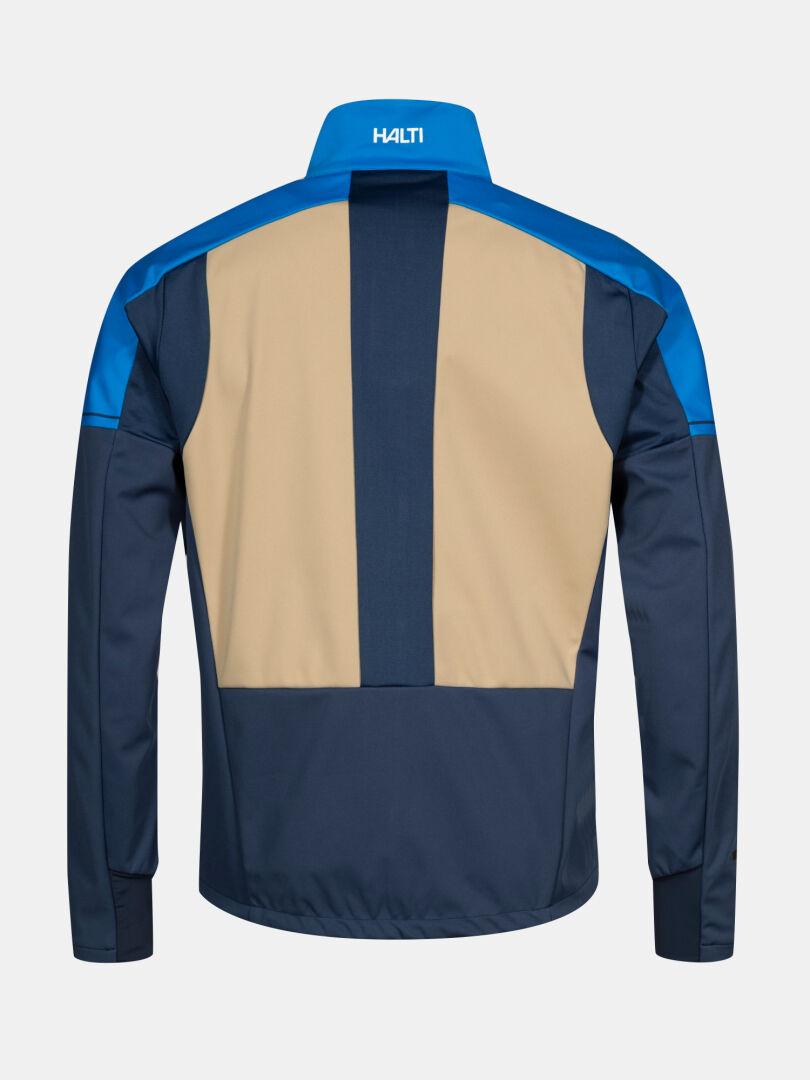 Halti Framover Hiihtotakki Miesten: beige, laivastonsininen ja sininen, HALTI kauluksessa, kuvassa takaa.