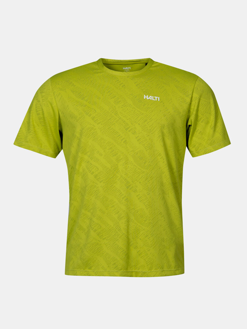 Halti Oulanka T-paita Miesten on limenvihreä Active Dry -tee, jossa on hienovarainen kuvio ja logo vasemmalla rinnassa.