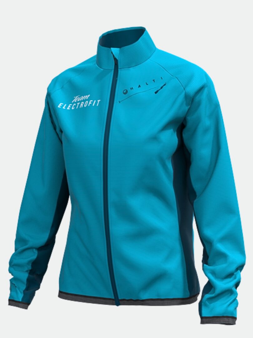 Halti Control Tuulitakki Naisten - Electrofit: turkoosi tuulitakki, vetoketju edessä, TEAM ELECTROFIT HAITI rinnassa.