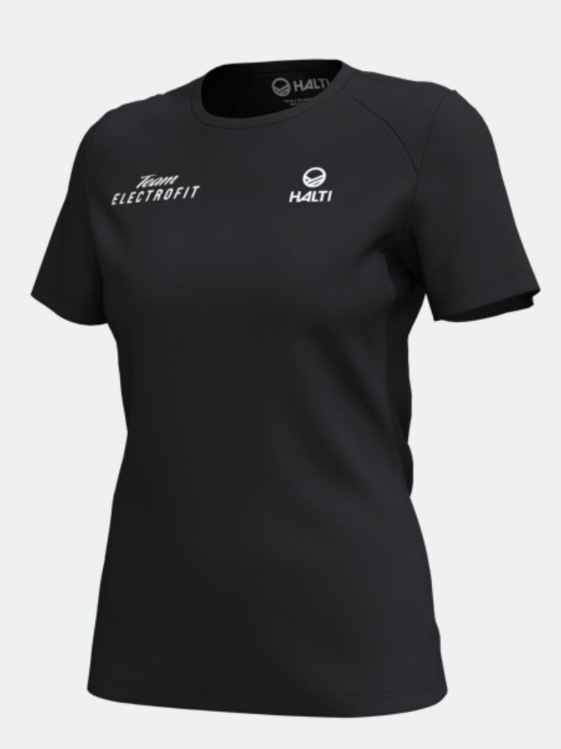 Salves T-Paita Naisten - Electrofit by Halti, musta lyhythihainen t-paita logoilla, täydellinen ulkoilu.