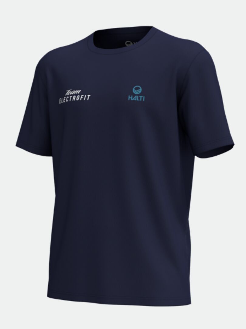 Salves T-Paita Miesten - Electrofit by Halti on tummansininen, hengittävä t-paita, jossa on Team ELECTROFIT & HALTI -logot.