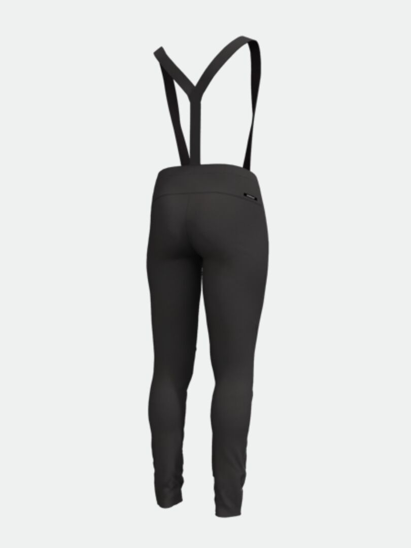 Halti Olas Hiihtohousut Naisten - Electrofit softshell-housut housut henkseleillä kuvattuna selästä vaalealla pohjalla.