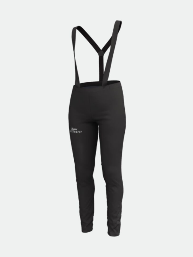 Halti Olas Hiihtohousut Naisten - Electrofit: mustat softshell-housut henkseleillä ja hienovaraisella reisilogolla urheiluun.