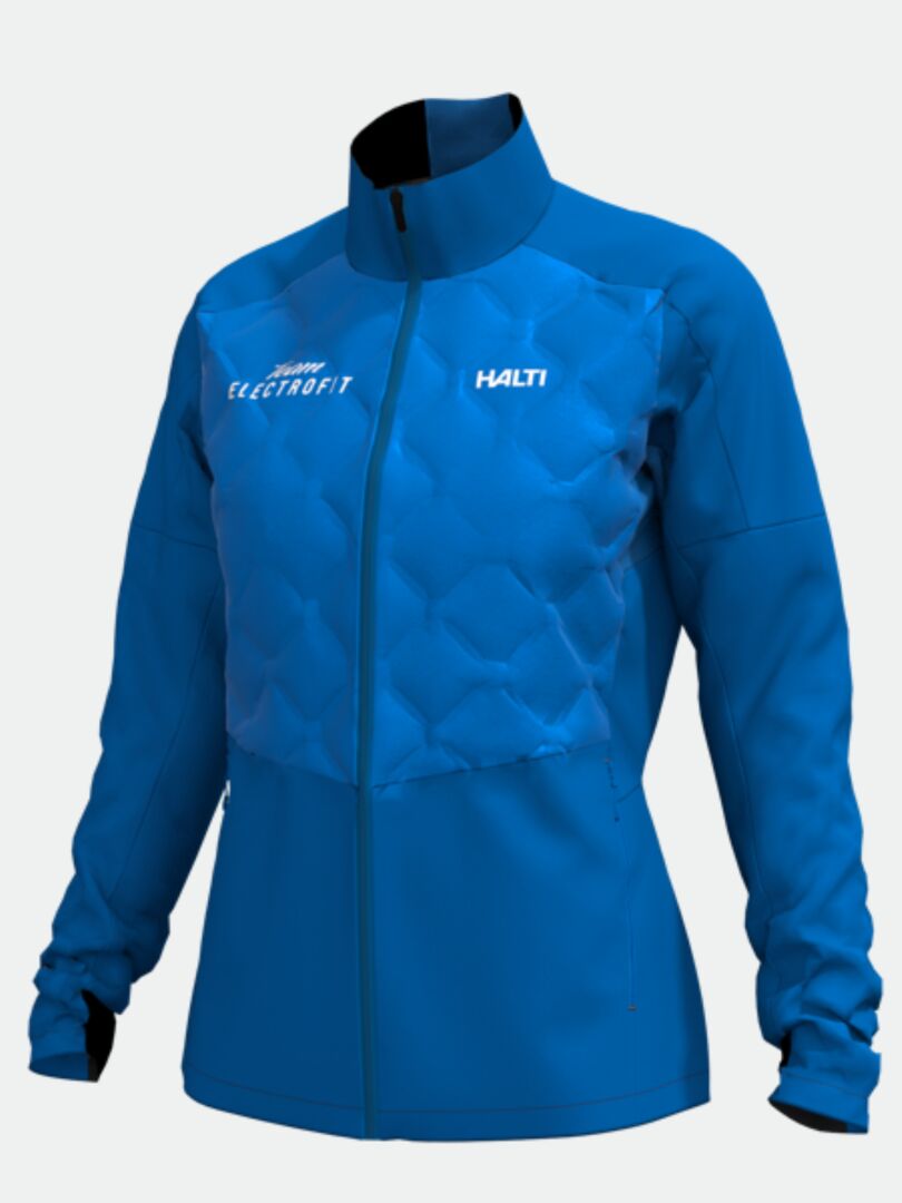 Sininen Halti Framover Hybrid Hiihtotakki Naisten - Electrofit -takki, jossa on tikattu etuosa, korkea kaulus ja valkoiset logot.
