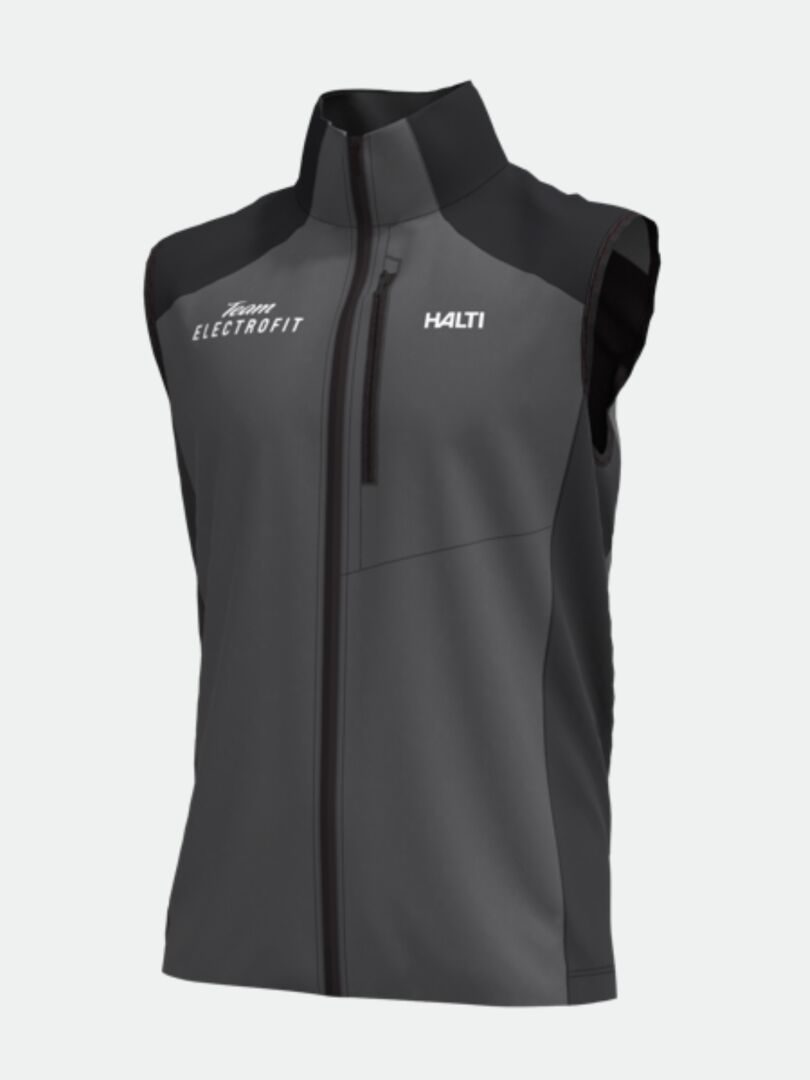Framover Hiihtoliivi Unisex - Electrofit: Halti-tuulenpitävä liivi kierrätysmateriaalista, Team ElectroFit-logoilla.