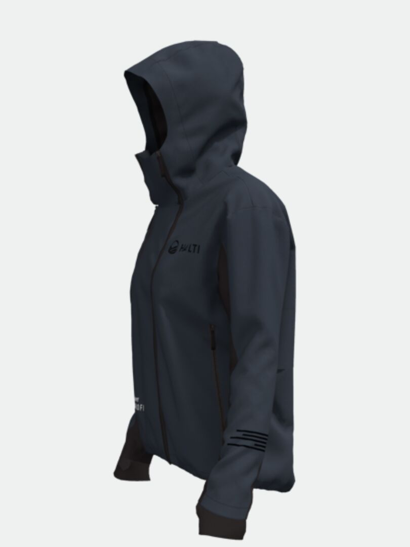 Halti Navakka Hiihtotakki Naisten - Electrofit, tummanharmaa hupullinen takki vetoketjulla ja mustilla korostuksilla, esillä.